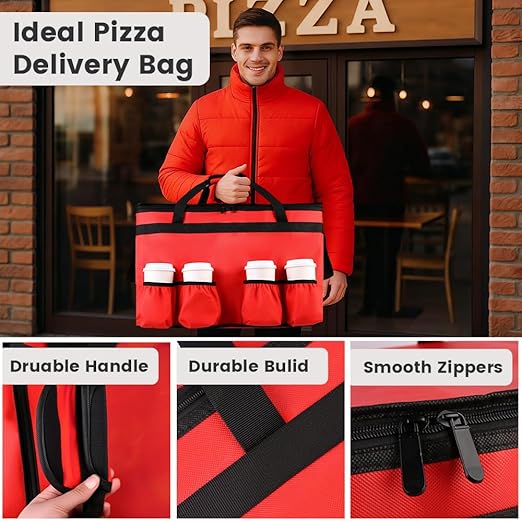 Insulated Food Delivery Bag with 4 Cup Holder, with Bottom, XXX-Large Insulated Grocery Bags with Zippered Top, Cooler Bags with Drink Carrier, Food Carrier Catering Bag,Red
