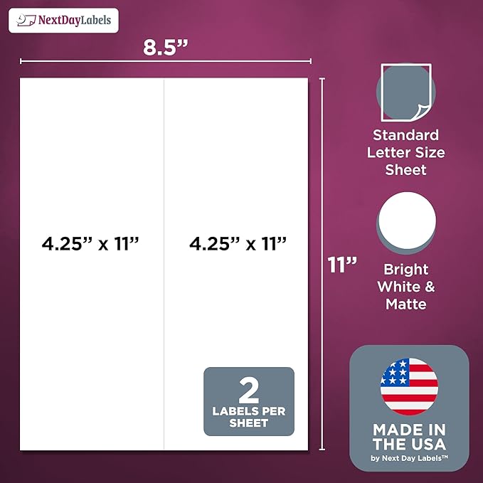 NextDayLabels – 4-1/4" x 11" Rectangular Sticker Labels for Printer - White Laser/Inkjet Printer Labels Return Address Labels Shipping Label Stickers (25 Sheets, 2 Per Sheet, 50 Labels)