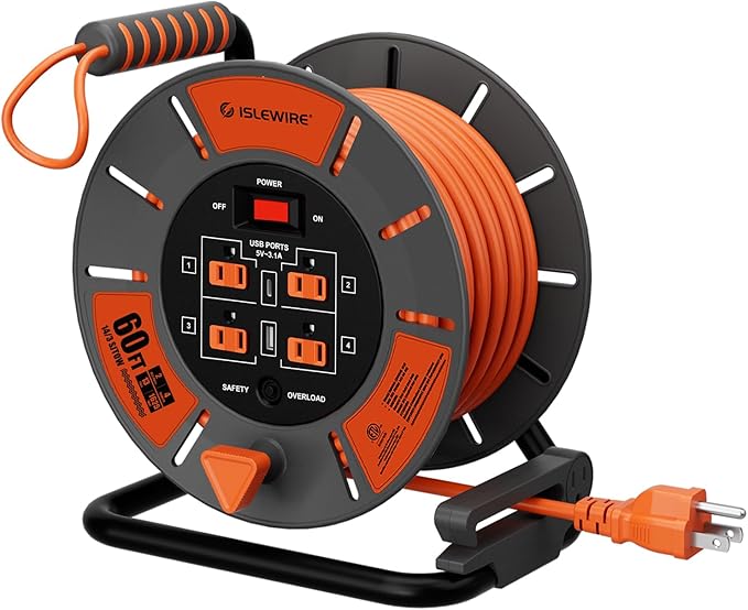 60 FT Retractable Extension Cord Reel, 14AWG SJTOW Heavy Duty Power Cord with 4 Grounded Outlets, USB-A & USB-C Ports, 13A Circuit Breaker, Hand Crank for Indoor Outdoor Use, ETL Listed, Orange