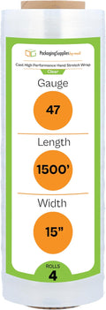 PSBM Stretch Wrap for Packing, 4 Pack of 15 Inch x 1500 Feet, 47 Gauge, High Cling Moving Stretch wrap, Cast Hand Stretch Film Moving wrap Rolls, Strong Plastic Wrap for Moving