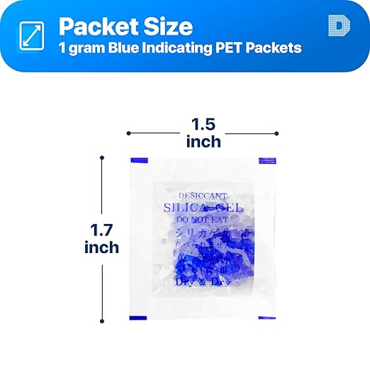 Dry & Dry 1 Gram [50 Packets] Blue Indicating(Blue to Pink) Silica Gel Packets Desiccants Silica Gel Packets - Rechargeable Silica Packets, Silica Gel, Silica Gel Packs