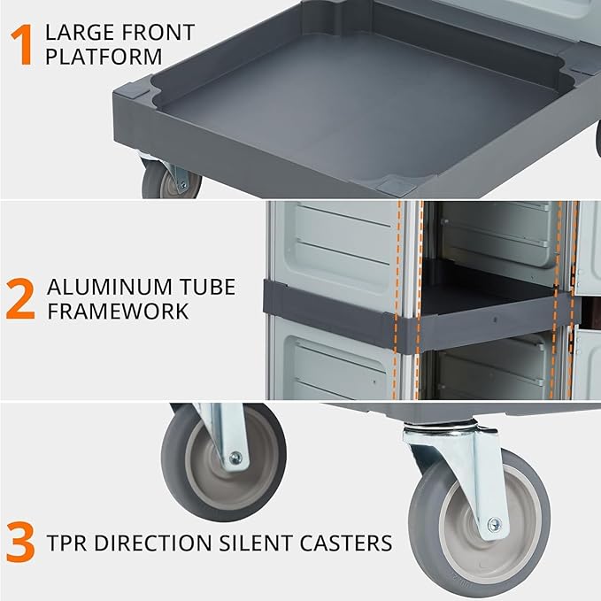 Commercial Janitorial Cart with 2 Cabinet, Housekeeping Caddy with Cover, Shelves, and Vinyl Bag, Cleaning Cart On Wheels