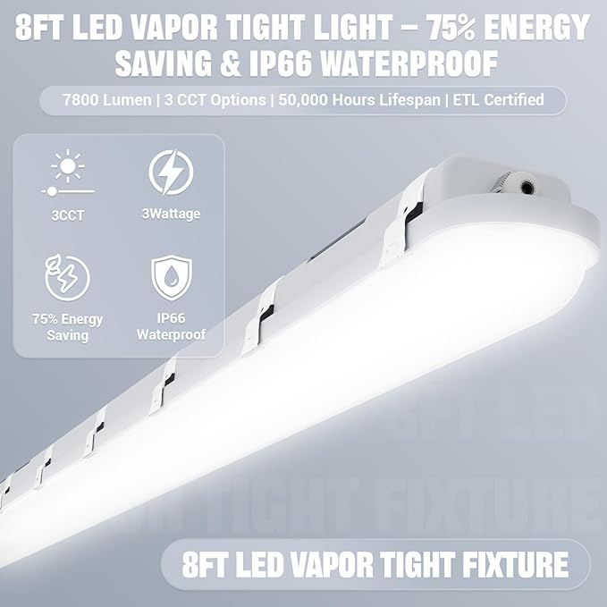 JTT 8FT LED Vapor Tight Light 120/100/80W,5000K/4000K/3000K Vapor Proof Lighting Fixture IP66, 18000LM LED Outdoor Shop Light Waterproof for Parking Garage Car Wash Warehouse Barn ETL Listed-2Pack