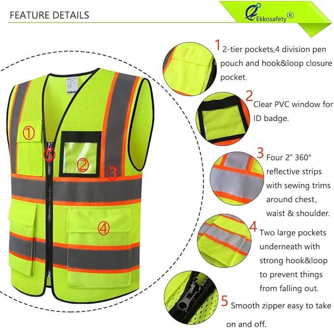 High Visibility Reflective Safety Vest for Men Women with 8 Pockets and Zipper Front,Meets ANSI/ISEA Standards(EKH1-Yellow-XL)