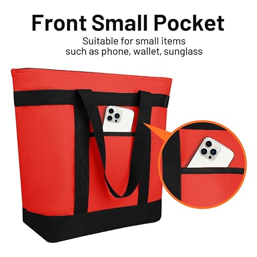 Insulated Reusable Tote Bag for Grocery Shopping for Women, Pizza/Food Delivery Bag to Keep Food Cold/Hot for Commercial Food Transport, Cooler bags for Travel/Beach/Picnic, Non-Waterproof, Red