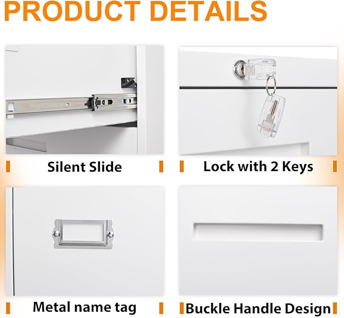 Lateral File Cabinet, Metal Filing Cabinet with Lock, 2 Drawer File Cabinets for Home Office, Office Cabinet for Hanging Files Letter/Legal/F4/A4, Assembly Required, White