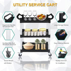 Plastic Utility Carts with Wheels, Heavy Duty 510lbs Capacity Rolling Service Cart, 3-Tier Restaurant Food Cart with Hammer for Office, Warehouse, Garage (Lockable Wheels, Black)
