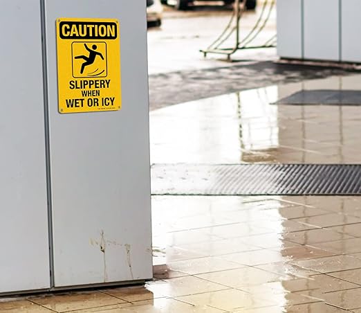 Slippery When Wet Or ICY Sign, Caution Sign, 4 Pack, 10" x 7" Rust Free .040 Aluminum, UV Protected, Waterproof, Weatherproof and Fade Resistant, 4 Pre-drilled Holes
