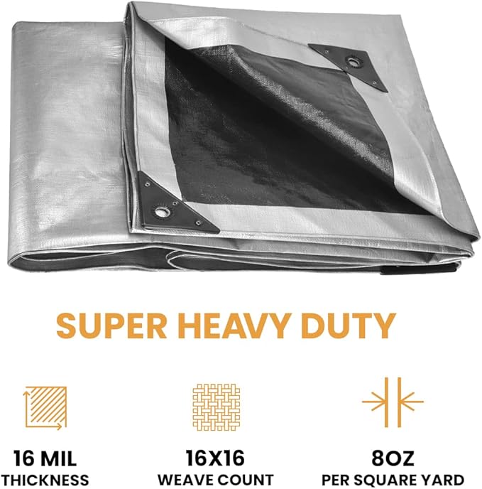 WHITEDUCK Super Heavy Duty Poly Tarp Cover 16 Mil & 10 Mil with Grommets and Reinforced Edges (Brown, White & Silver Black) (Silver Black- 16 Mil, 8' x 10')