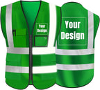 YOWESHOP High Visibility Safety Vest Custom Your Logo Protective Workwear 5 Pockets With Reflective Strips Outdoor Work Vest (Green (2XL))