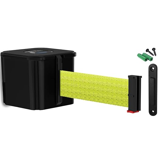 WM412 Retractable Belt Wall Mounted Smooth Black Crowd Control Barrier and Receiving End, 20' Fluorescent Yellow Belt