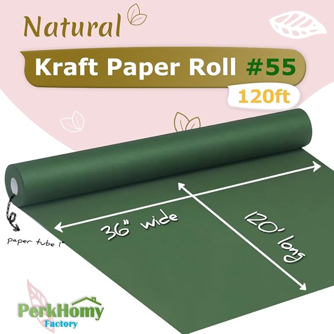 PerkHomy 36" x 1,440" (120') Dark Green Kraft Paper Roll for Craft Bulletin Board Paper Art Table Covering Crafting Gift Wrapping Bouquet Packing Parcel 80GSM 55LB (Dark Green, 36" x 120')