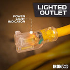 Iron Forge Cable Weatherproof 25 Ft Outdoor Extension Cord - 16/3 SJTW 13 Amp Heavy Duty Highly Visible Yellow Extension Cord 3 Prong - Lighted End