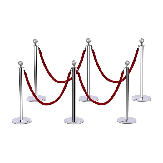 6 Packs Stanchions Posts, Stanchions Set Crowd Control Barriers with 4.9 ft Red Velvet Rope, Stanchion and Velvet Ropes Red Carpet Poles for Party Supplies