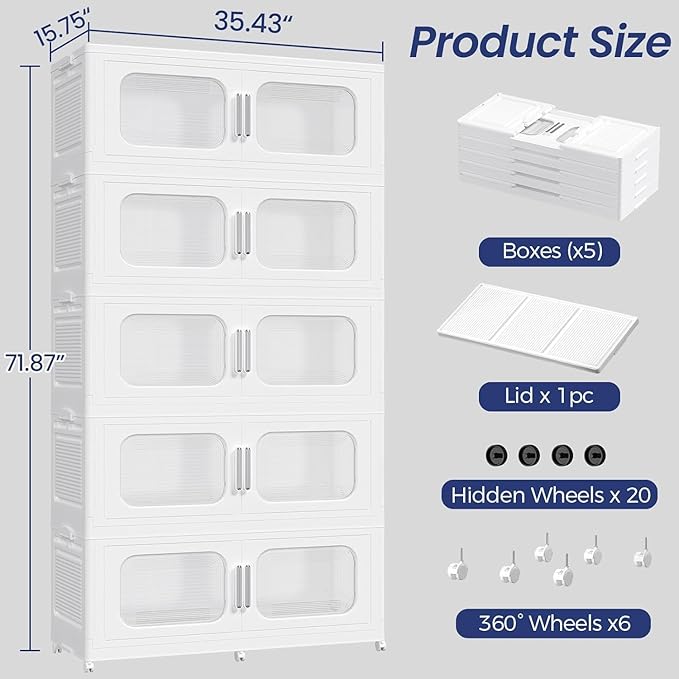 1000QT Large Stackable Storage Bins with Lid, 250Gal Plastic Collapsible Closet Organizers Drawers Box with Wheels, Folding Cabinet Containers with Doors for Home Kitchen Office, 5Pack White