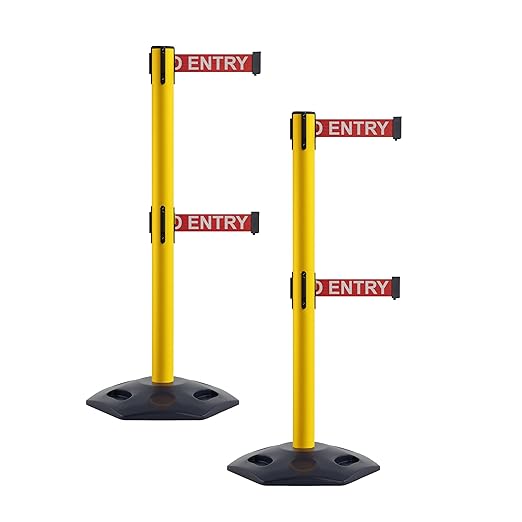 CCW Series WBB-200D - Set of 2 Retractable Dual Belt Stanchion Safety Barrier, Heavy-Duty Rubber Base Yellow Post (11 Foot Belt, Red with"No Entry" White Letters Belt)