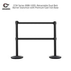 Crowd Control Warehouse CCW Set of 2 Dual Retractable Belt Barrier Stanchion, Cast Iron Base Black Post, IRBB-100D (9 Belt, Red and White Diagonal Belt)