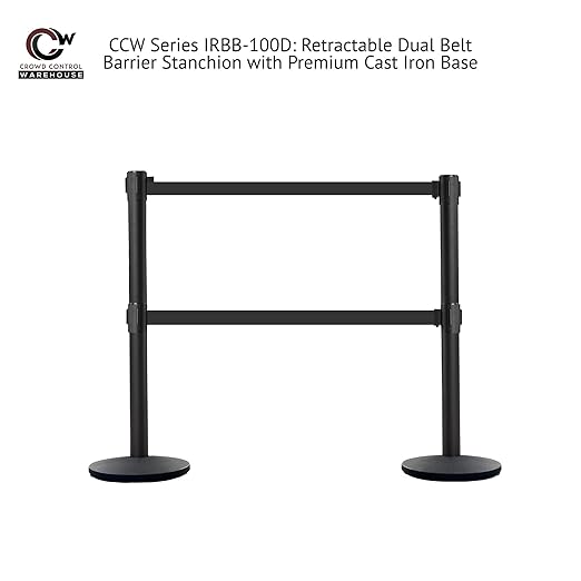 Crowd Control Warehouse CCW Set of 2 Dual Retractable Belt Barrier Stanchion, Cast Iron Base Black Post, IRBB-100D (9 Belt, Yellow with"Danger - Forklift Trucks" Black Letters Belt)