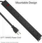 3Pack Metal 8 Outlet Mountable Power Strip, Wall Mount Outlet Heavy Duty, Wide Spaced Commercial Shop Power Strip with Switch, 6 FT Power Cord.
