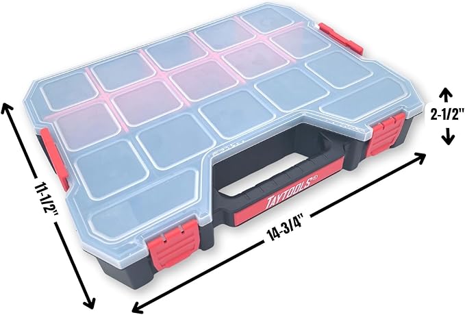 Taytools 17 Compartment Large Parts Organizer Box - Dual Latch Portable Tool Box with Removeable Dividers for Storing Hardware, Screws, Bolts, Nails, Beads or Jewely