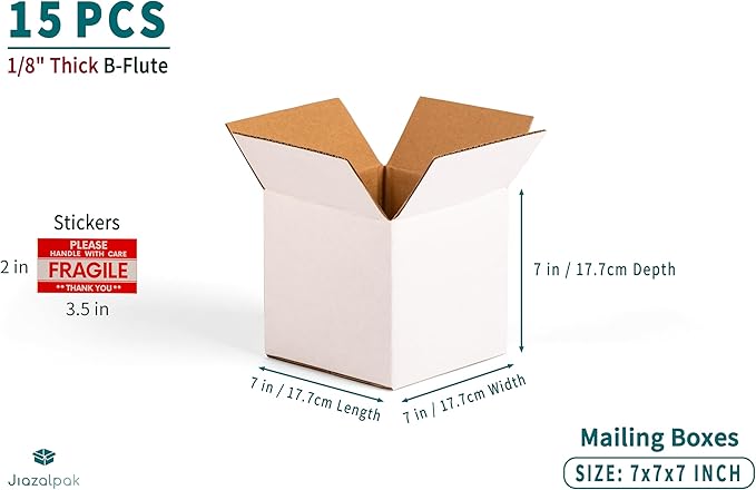 White 7x7x7 inches Shipping Boxes, Corrugated Cardboard 7x7 Box for Small Business Mailing, Packaging and Storing, 15 Pack