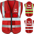 YOWESHOP High Visibility Safety Vest Custom Your Logo Protective Workwear 5 Pockets With Reflective Strips Outdoor Work Vest (4XL, Red Luminous)