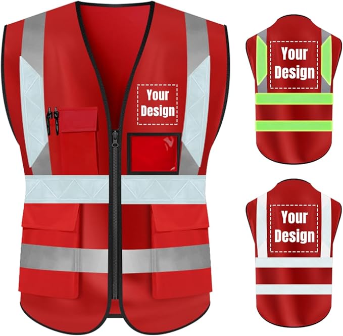 YOWESHOP High Visibility Safety Vest Custom Your Logo Protective Workwear 5 Pockets With Reflective Strips Outdoor Work Vest (4XL, Red Luminous)