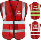 YOWESHOP High Visibility Safety Vest Custom Your Logo Protective Workwear 5 Pockets With Reflective Strips Outdoor Work Vest (S, Red Luminous)