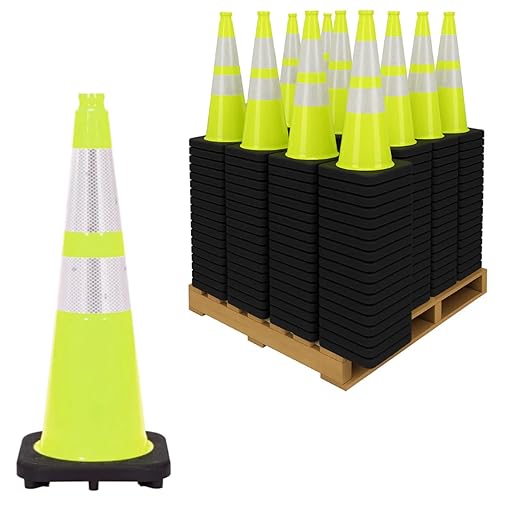 48 Pack 28" Inch Lime Traffic Safety Cones with Dual Reflective Collars - High Visibility Industrial Pylons Traffic Cones for Road, Parking Lots, Driving, Construction