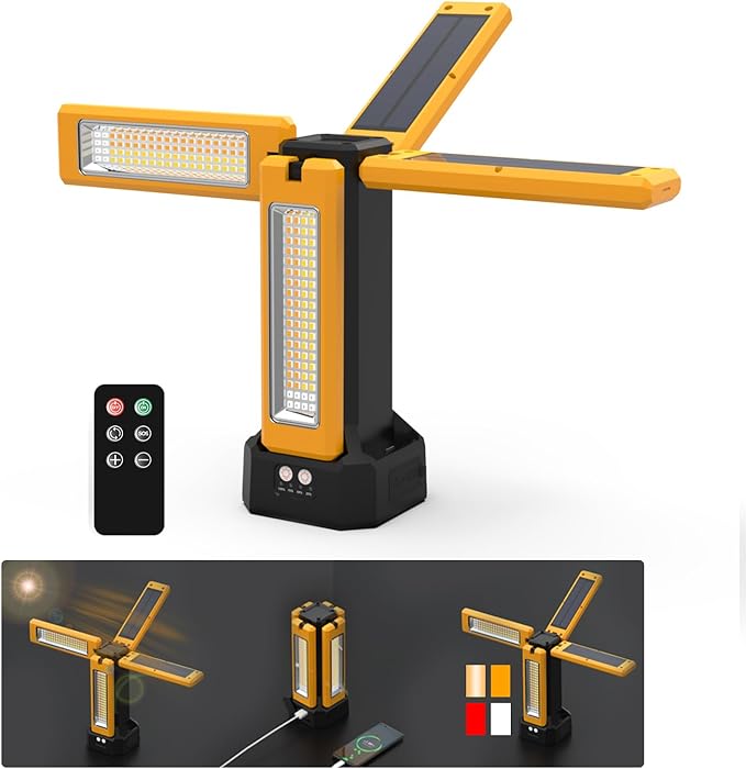 13200mAh Rechargeable Solar Work Light, IPX4 Waterproof with Folding Stand Support and Portable Carrying Bag, 8000 Lumen Stepless Dimmable, 4 Lighting Modes, White/Warm/Warm White (No Tripod)
