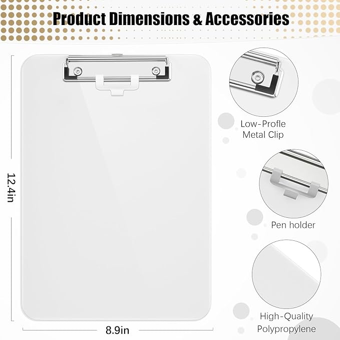 Hongri Plastic Clipboard with Pen Holder, White 8.5x11 Letter Size Clip Board for Classroom, Office, Students, Nurses and Women, Low Profile Clip, Size 12.5 x 9 in(Pack of 6)