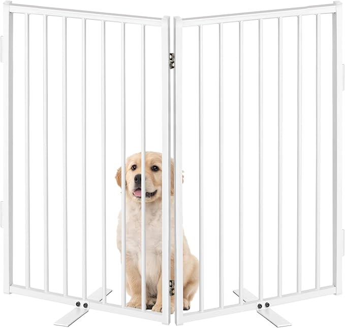 Metal Freestanding Dog Gates with Door for Outdoor Indoor,40'' Extra Wide 32'' Tall Free Standing Dog Gate for Doorways,Large Openings,Deck,Yard,Porch,Foldable Safety Pet Fence(White,2 Panels)