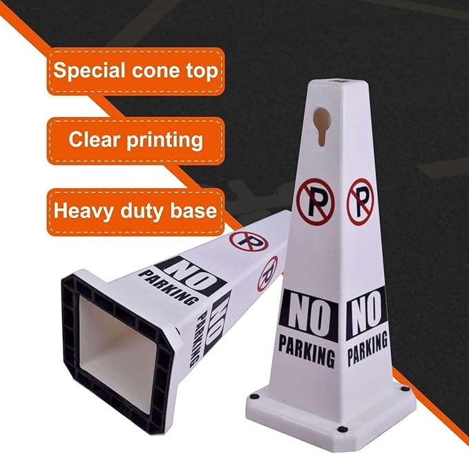 No Parking Sign, 26.4-Inch Traffic Safety Cone, White Plastic, High-Visibility, Weatherproof, Slip-Resistant Base, Stackable, Indoor Outdoor Use-8Pack
