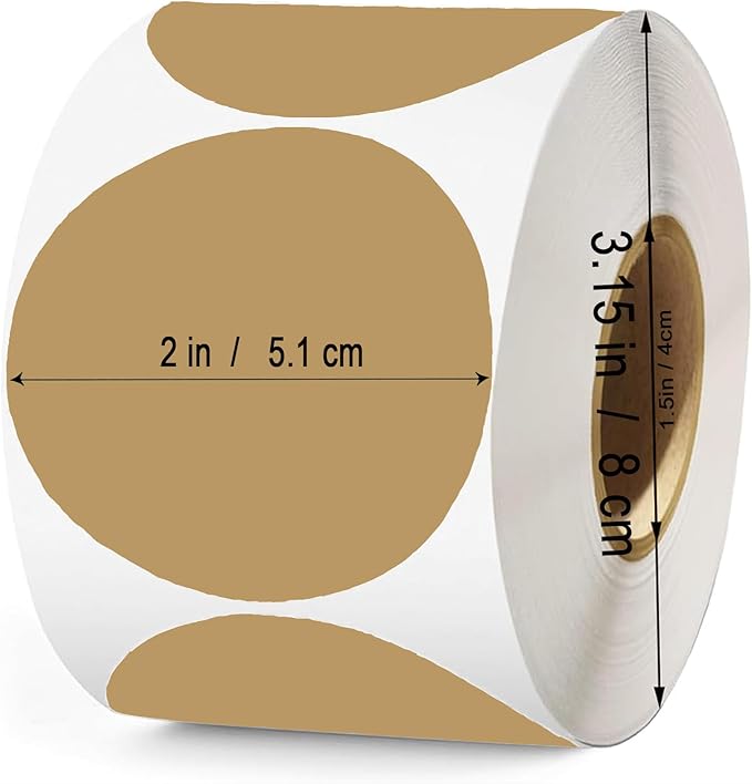 2 Inch Brown Round Thermal Labels,600 Labels/Roll, Self-Adhesive Circle Inventory Stickers, Multi-Purpose Round Roll Thermal Printing Stickers for Business and Domestic Use