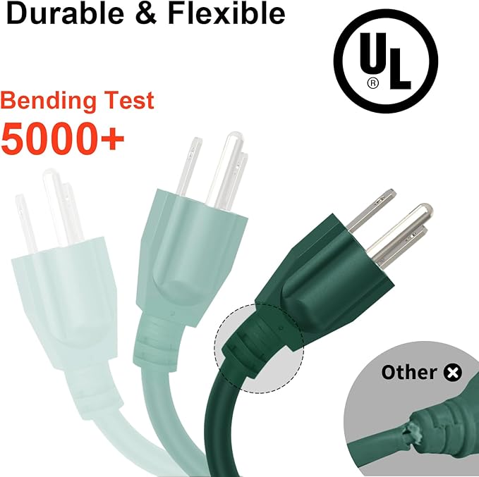 Outdoor Extension Cord Waterproof 100 FT, Green 16/3 SJTW Heavy Duty, Flexible 100% Copper 3 Prong Extension Cord for Lawn, Garage,UL Listed