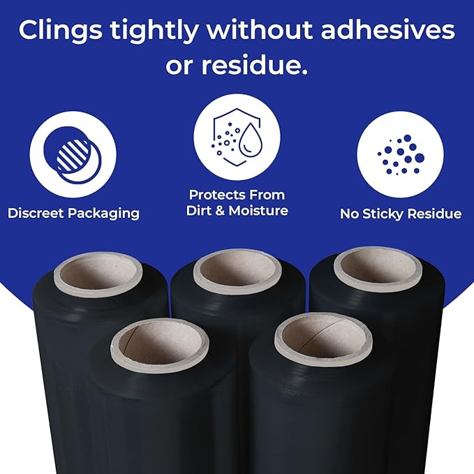Rosmonde Bulk Black Plastic Wrap, 18" x 1500 ft, 20 Rolls Pack, 80 Gauge Heavy-Duty Pallet Shrink Wrap, True 1500 Ft, 3" Core, Puncture Resistant Stretch Wrap for Moving, Shipping & Secured Wrapping