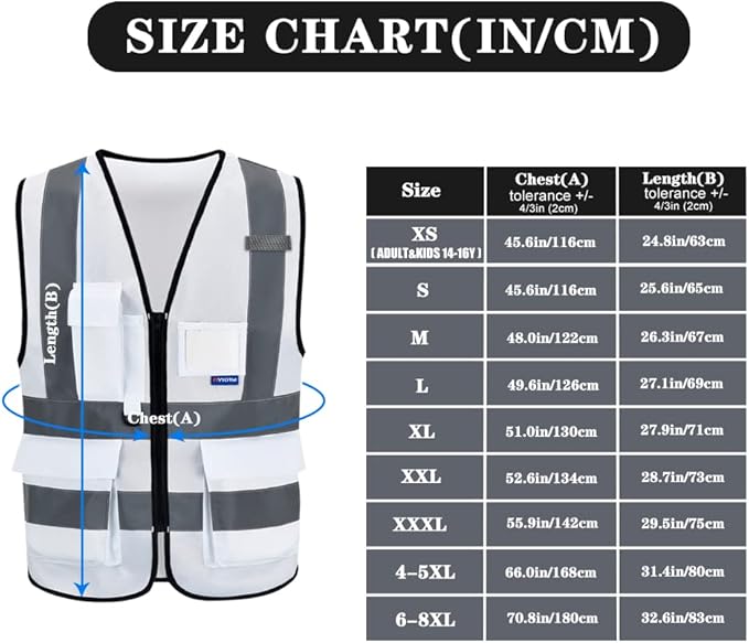 A-SAFETY 4XL-5XL,Hi Reflective Safety Vest,Hi Vis Bright Neon Colors Safety Vest with 4 Reflective Strips 7 Pockets(White)