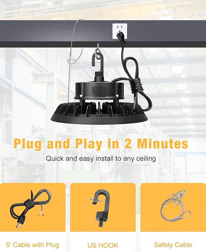 UFO LED High Bay Light 200W, High Bay LED Shop Light 30,000LM 0-10V Dimmable, 5' Cable with US Plug, Hanging Hook, Safe Rope, ETL Listed High Bay for Warehouse Factory Barn Shop