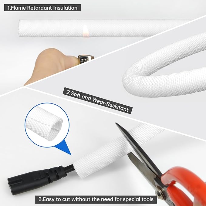 Split Braided Cable Sleeve，Flexible Wire Loom Tubing, Automotive Cord Protector Pet Proof, Cable Management for Computer TV Electric Wires Harness 16ft (White, 19mm（3/4")
