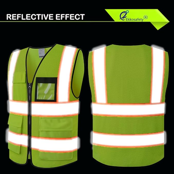High Visibility Reflective Safety Vest for Men Women with 8 Pockets and Zipper Front,Meets ANSI/ISEA Standards(EKH1-Yellow-XL)