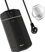 Power Strip,SUPERDANNY 5000 Joules Surge Protector with 13 AC Outlets 2 USB-A & 2 USB-C PD 20W Fast Charging Heavy Duty 14AWG/3C Industrial Grade Extension Cord for Workbench Home Office Black