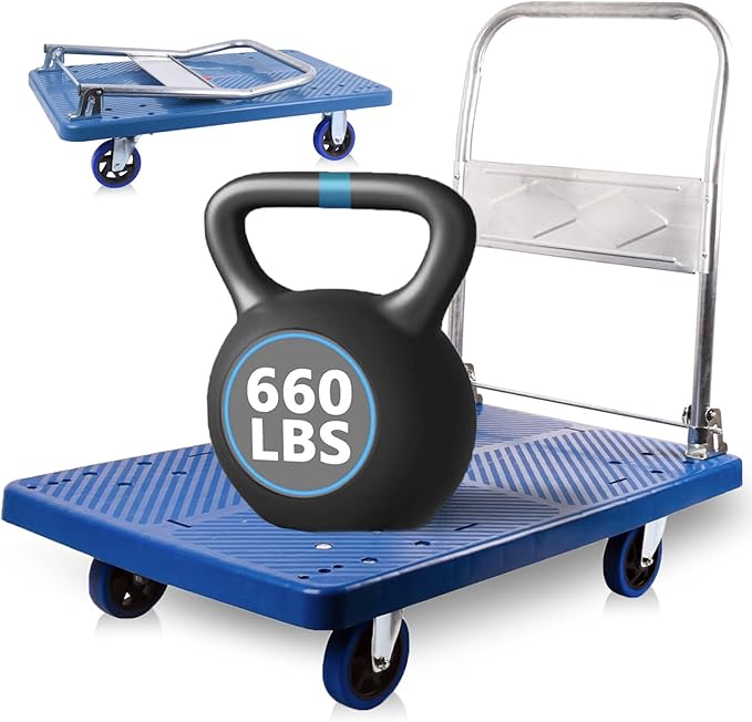 Foldable Push Cart Dolly 660 lbs, Capacity Heavy Duty Moving Platform Trucks Hand Cart with 360° Swivel Wheels for Home Garden Warehouse Garage Workshops