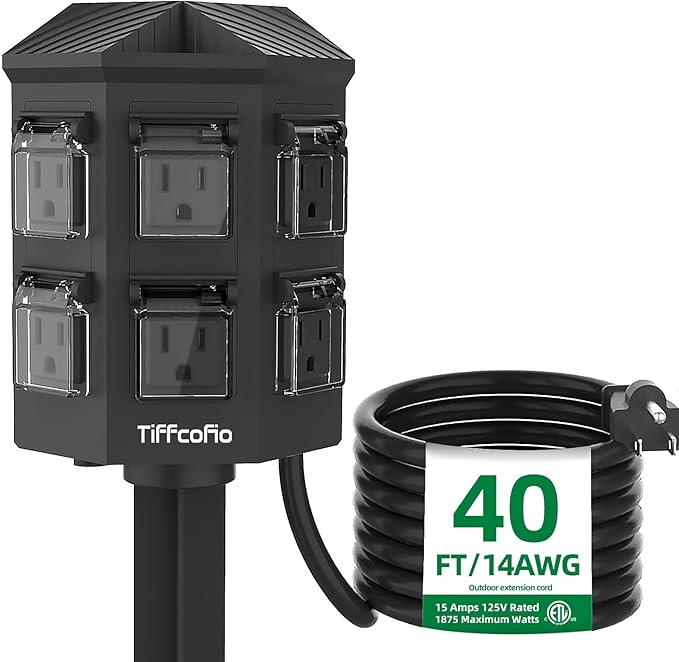 TiFFCOFiO Outdoor Power Strip with Stake Waterproof, 10 FT Extension Cord, 6 Grounded Outlets for Outdoor Lights, 14 AWG, 15A/1875W, ETL Listed (40 FT)