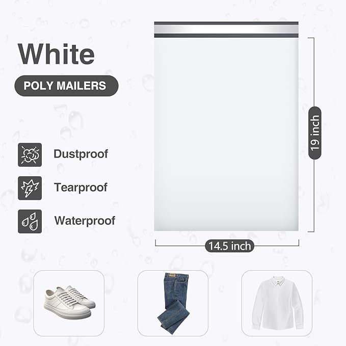 UCGOU Poly Mailers 14.5x19 Inch White 200 Pack Large Shipping Bags #7 Strong Thick Mailing Envelopes Self Sealing Adhesive Waterproof and Tear Proof Boutique Packaging Postal for Clothing