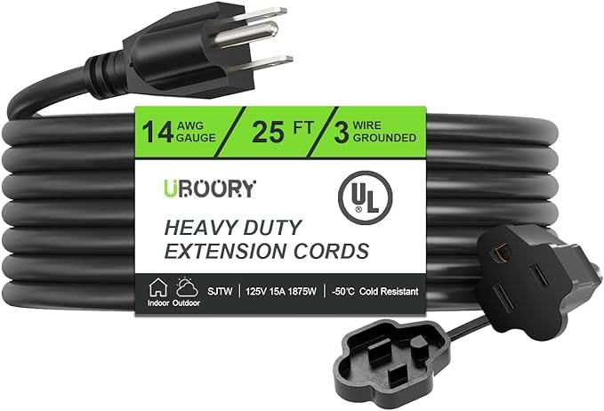 Outdoor Extension Cord Waterproof 25 FT, Black 14/3 SJTW Heavy Duty, Flexible 100% Copper 3 Prong Extension Cord for Lawn, Garage,UL Listed