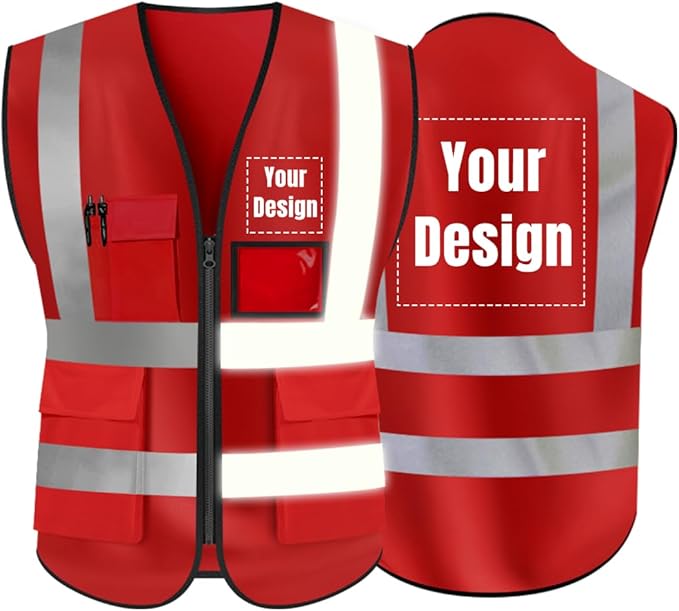 YOWESHOP High Visibility Safety Vest Custom Your Logo Protective Workwear 5 Pockets With Reflective Strips Outdoor Work Vest (Red (M))