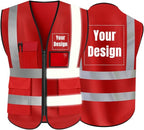 YOWESHOP High Visibility Safety Vest Custom Your Logo Protective Workwear 5 Pockets With Reflective Strips Outdoor Work Vest (Red (4XL))