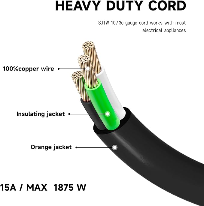 EP 25 Ft Lighted Outdoor Extension Cord - 10/3 SJTW Heavy Duty Black Extension Cable with 3 Prong Grounded Plug for Safety, UL Listed