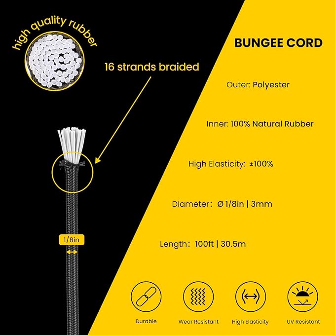 Bungee Cord Elastic Shock Cord 1/8" x 100' Bungee Rope for DIY, Tie Downs, Kayak and Outdoor - Black