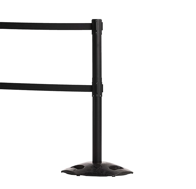 CCW Series WBB-200D - Set of 2 Retractable Dual Belt Stanchion Safety Barrier, Heavy-Duty Rubber Base Yellow Post (7.5 Foot Belt, Black with"This Line Closed" White Letters Belt)
